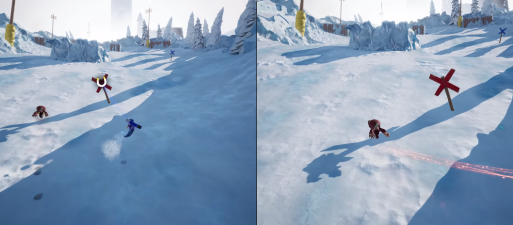 Two players sliding on snowy slope near red sign