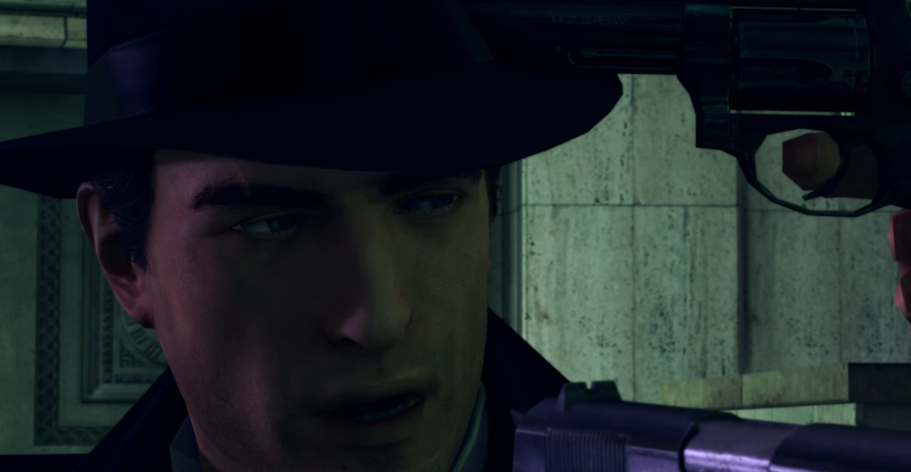 Man in hat aims gun intensely.