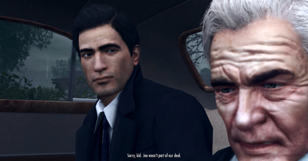 Two men in car, serious expressions.