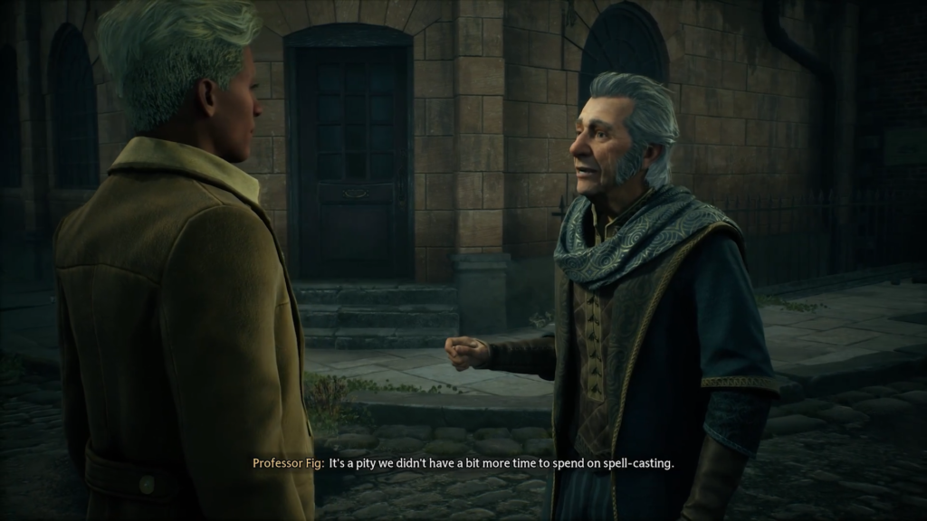 Two characters converse near stone building.