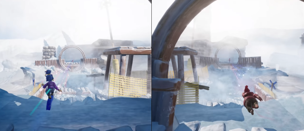 Two players gliding over snowy obstacle course in game