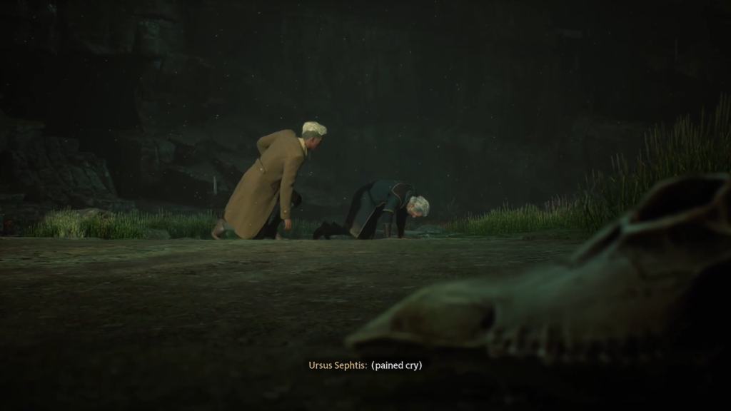 Two characters kneel on dark ground.