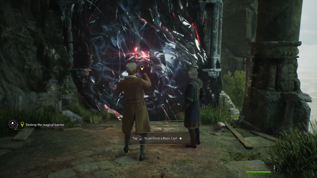 Two wizards facing glowing magical barrier.