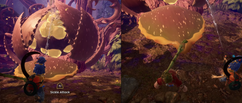 It Takes Two characters fighting giant mushroom in forest