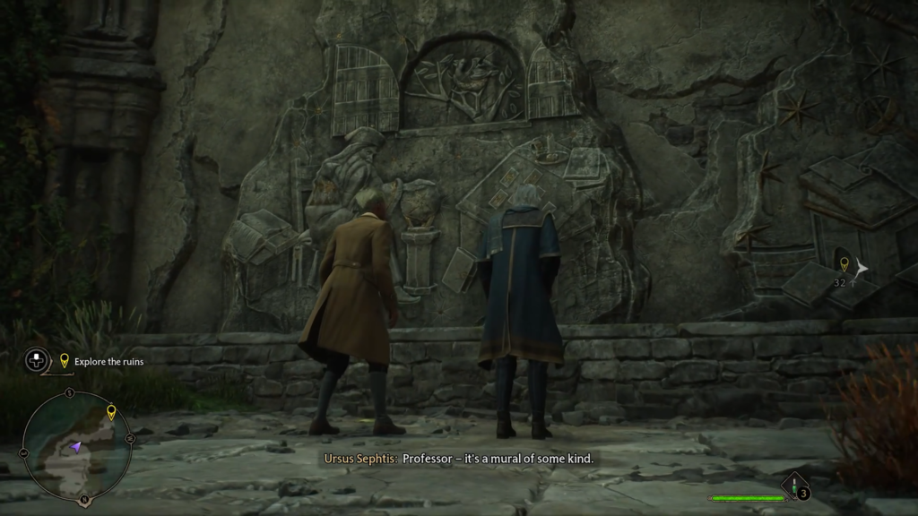 Two characters examine stone mural details.