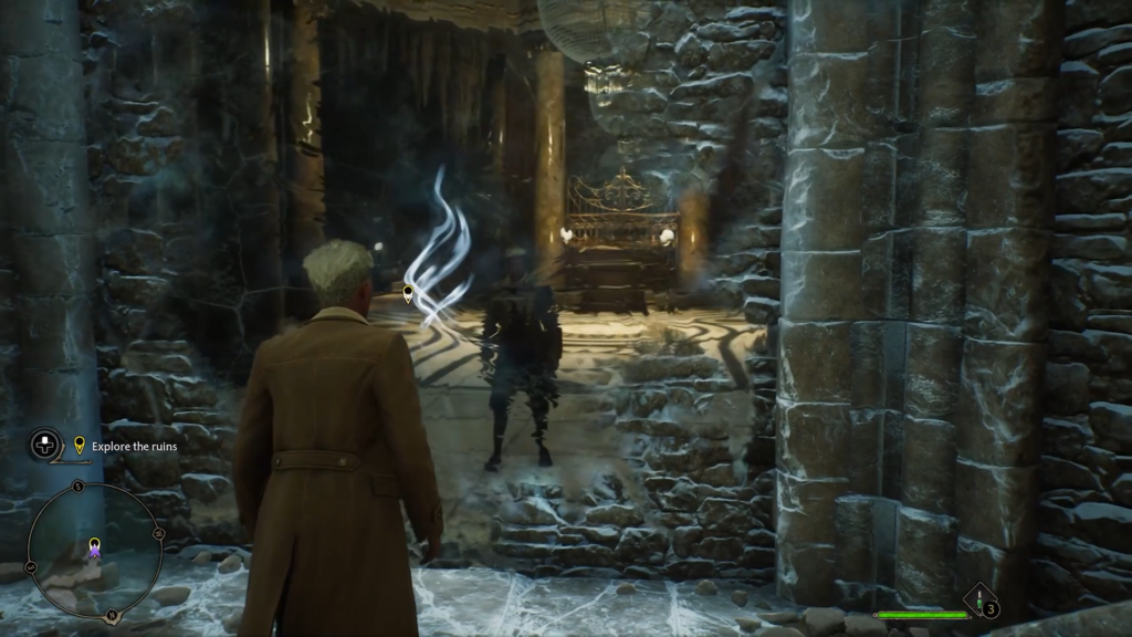 Man in coat observes glowing ruins.