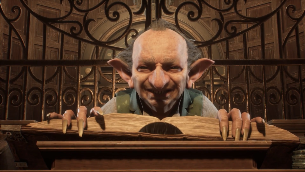 Goblin reads book behind wrought-iron gate in library