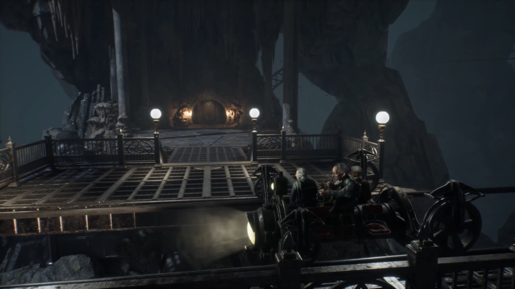 Men ride rail cart toward lit cave entrance