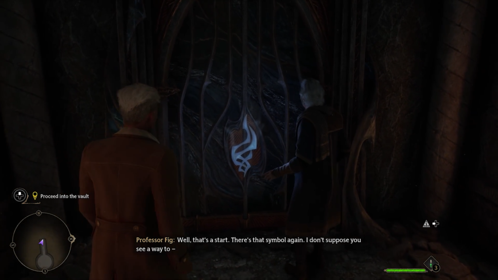 Two characters examine glowing vault symbol.