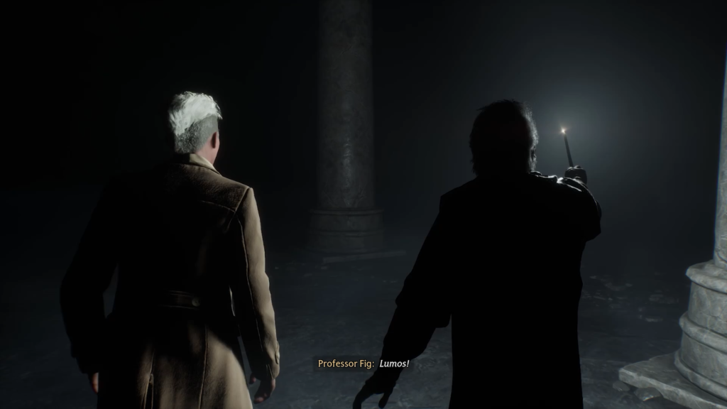 Two wizards in dark cave, illuminating.