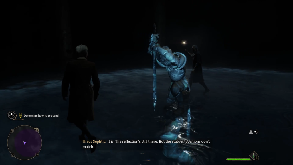 Armored statue holding sword in darkness.