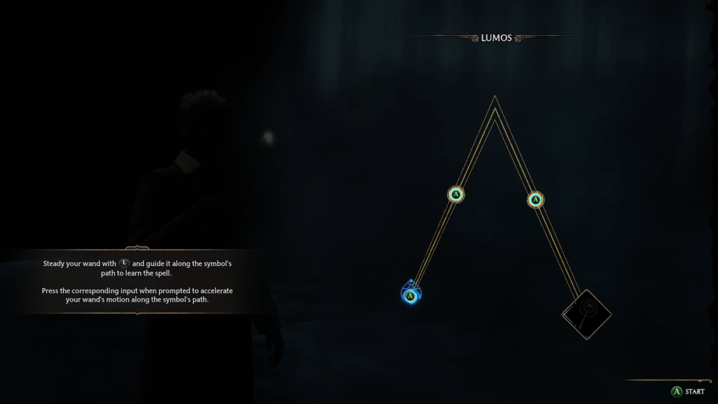 Lumos spell tutorial with glowing symbols.