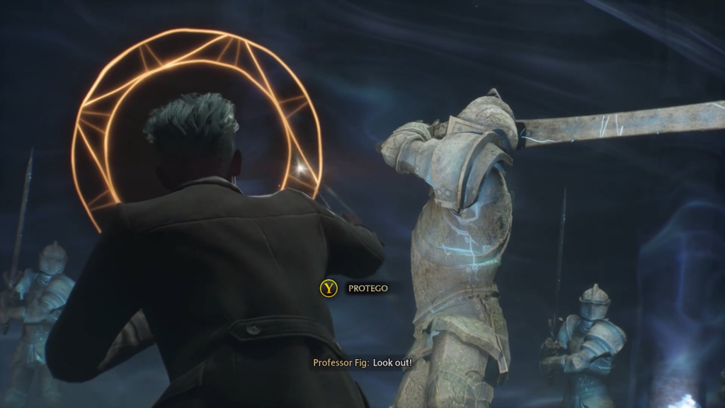 Wizard casting spell against armored knight.