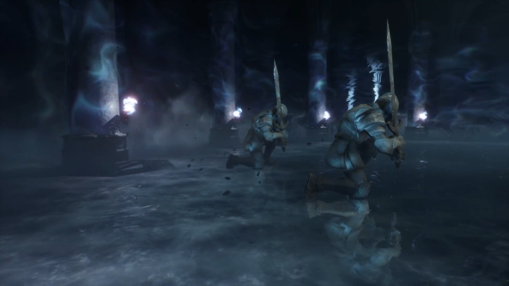 Armored soldiers kneel with swords in dark cavern