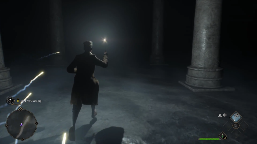 Wizard casting spell in dark corridor.