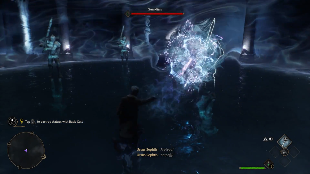 Wizard casting spells against glowing Guardian.