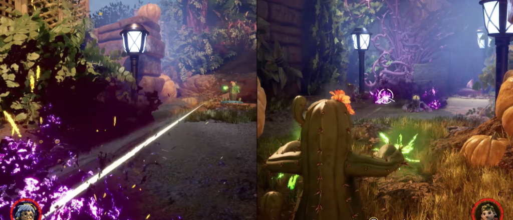 Cactus character shoots green projectiles in garden path