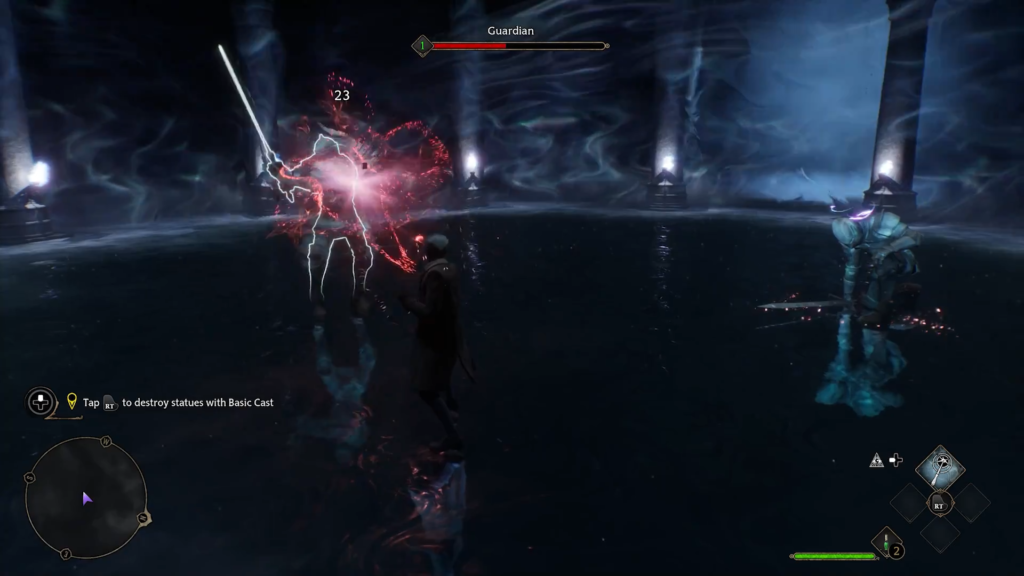 Wizard battling glowing Guardian in water.