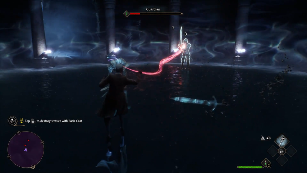 Casting spell against glowing guardian enemy.