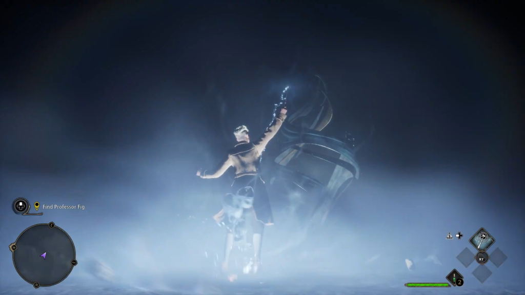 Character casting spell amid swirling mist.