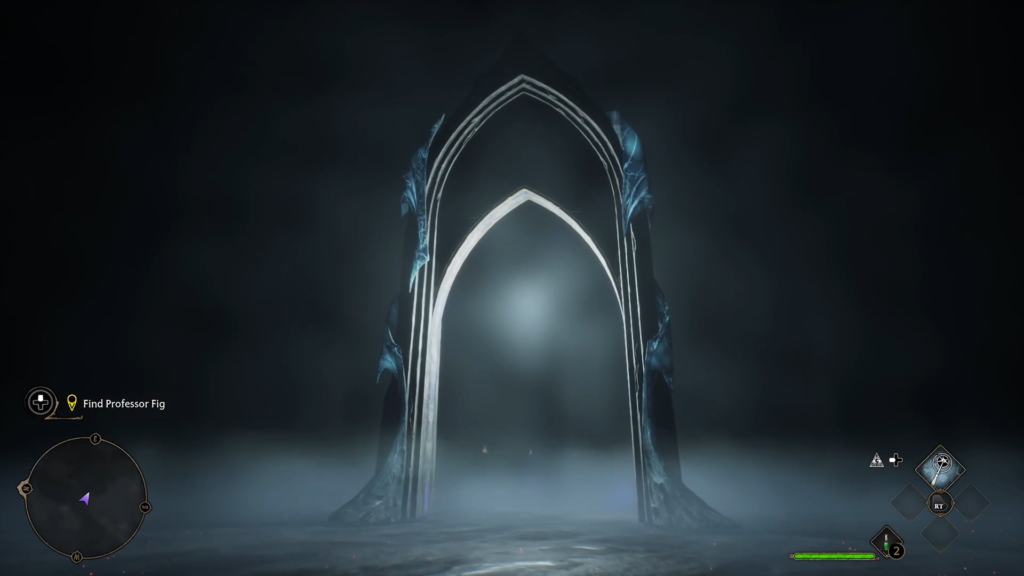 Mysterious archway surrounded by fog.
