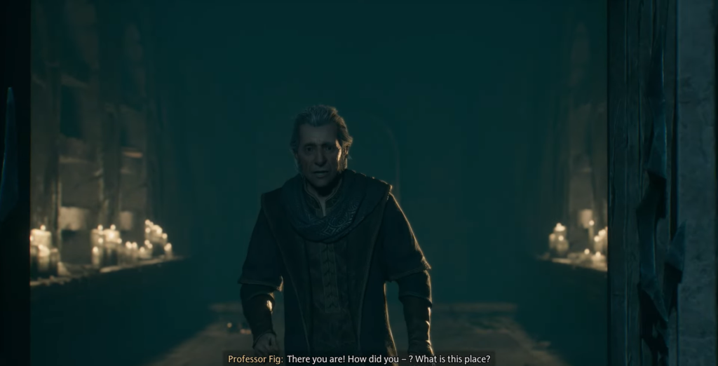 Professor Fig stands in dark corridor.