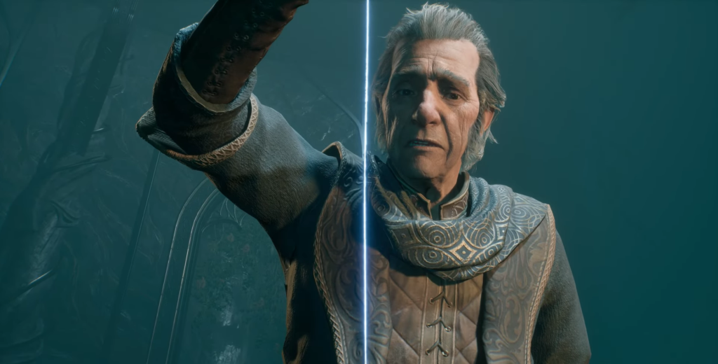 Elderly man holding glowing blue wand.