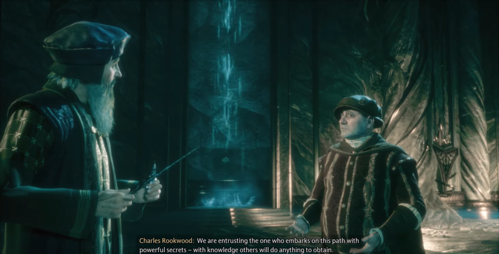 Two wizards discussing in mystical chamber.