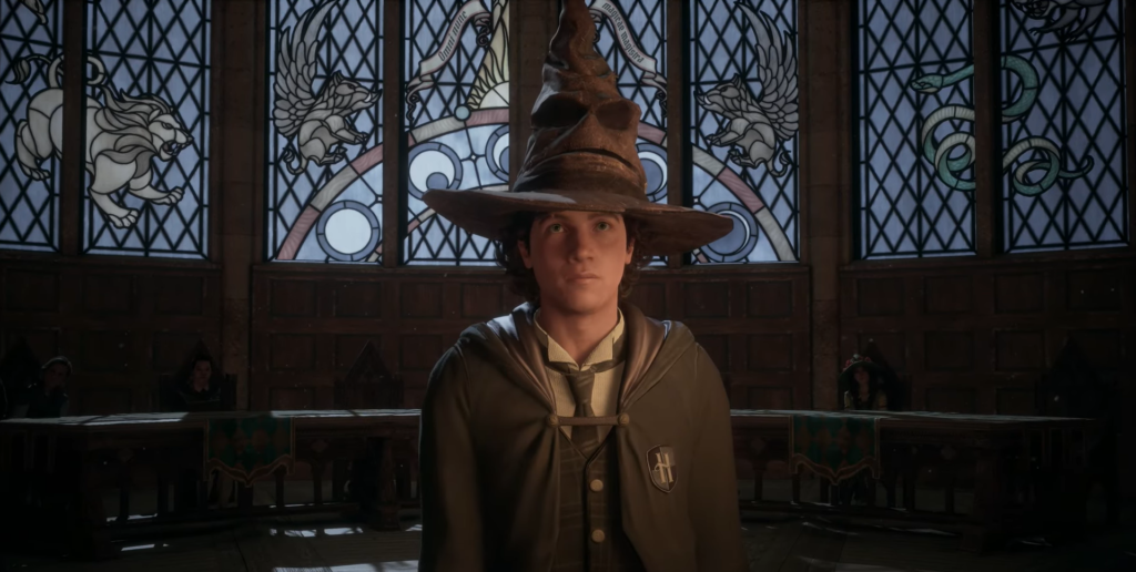 Boy wearing Sorting Hat, stained glass.