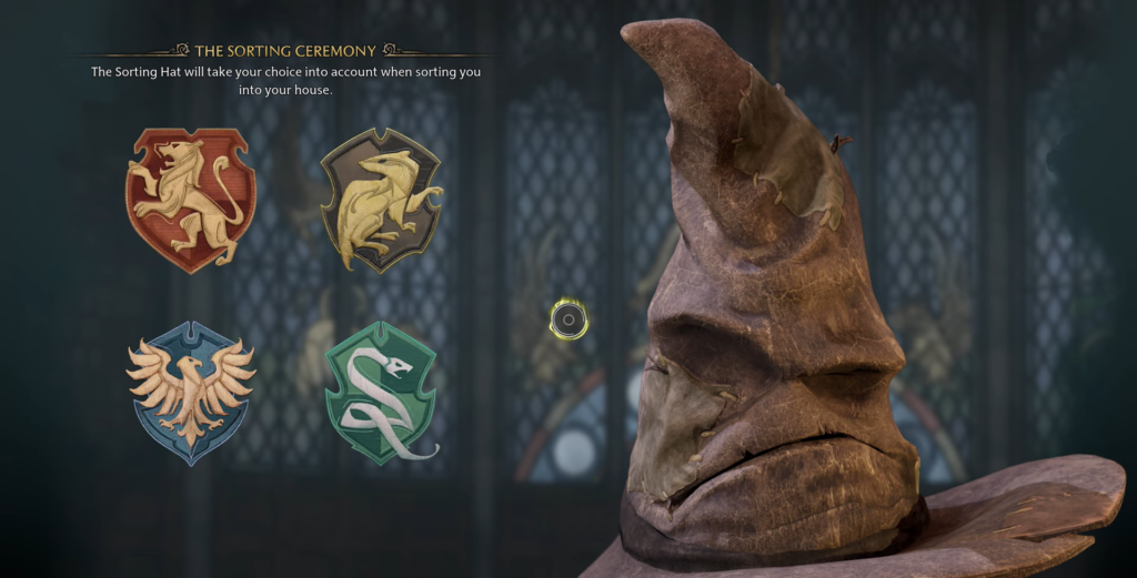 Sorting Hat with house crests displayed.