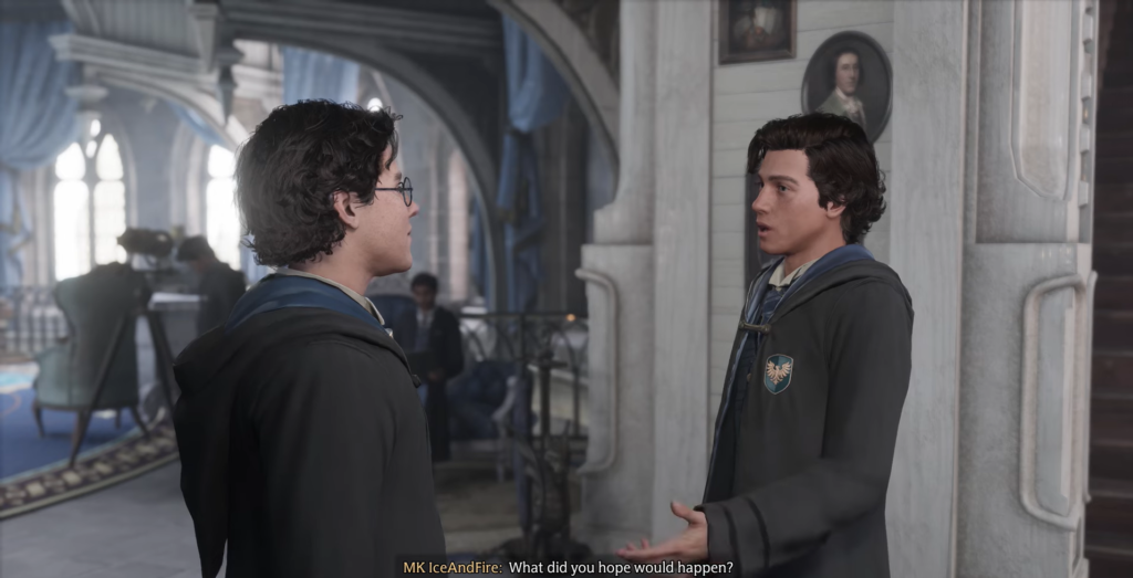 Two Hogwarts Legacy students talking in Hogwarts hallway