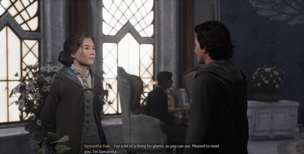 Samantha Dale talks to student in Hogwarts Legacy classroom