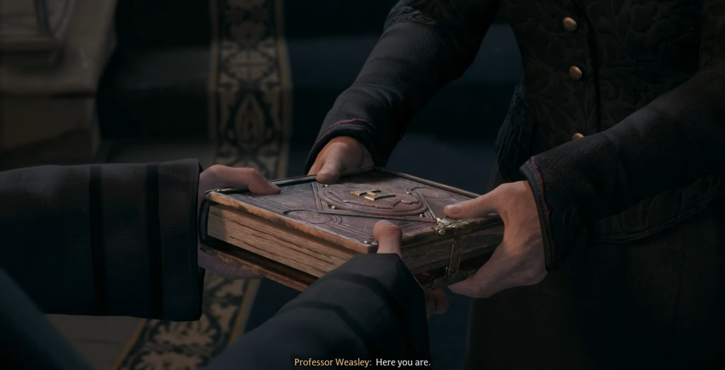 Hands exchanging ornate, leather-bound book.