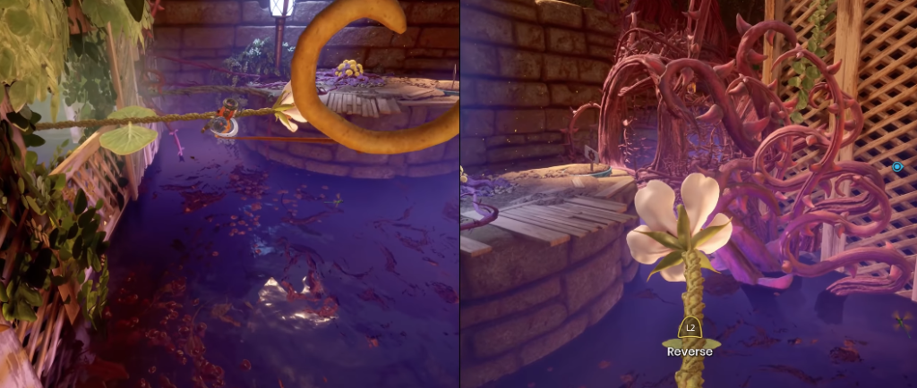 It Takes Two characters swinging over purple water canal