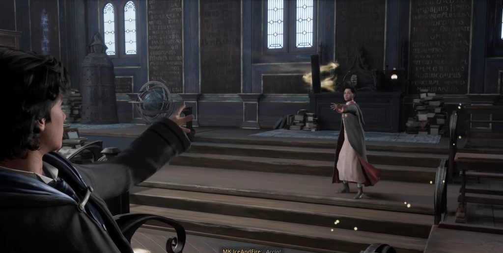 Wizard casting spell in Hogwarts classroom.