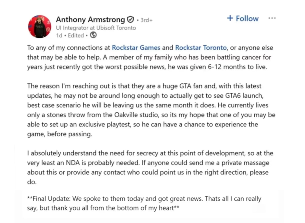 Anthony Armstrong requests GTA 6 playtest.