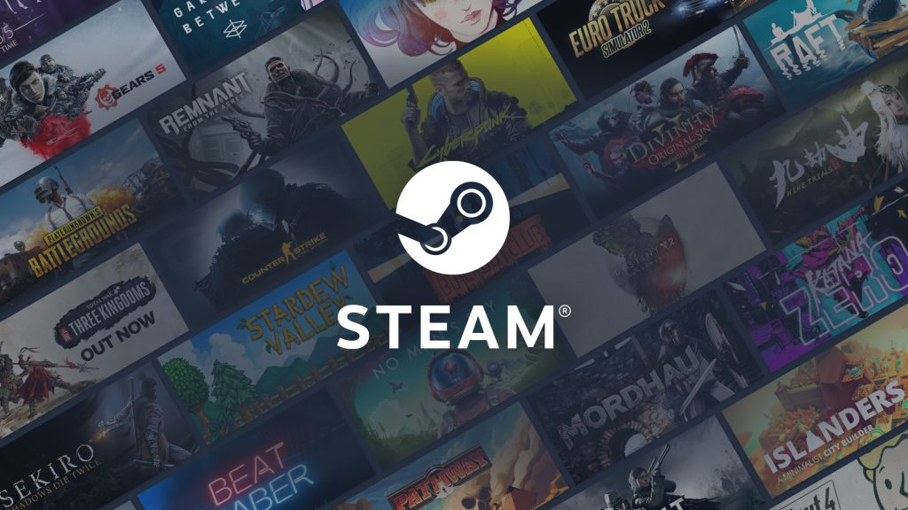 Steam logo over various game covers.