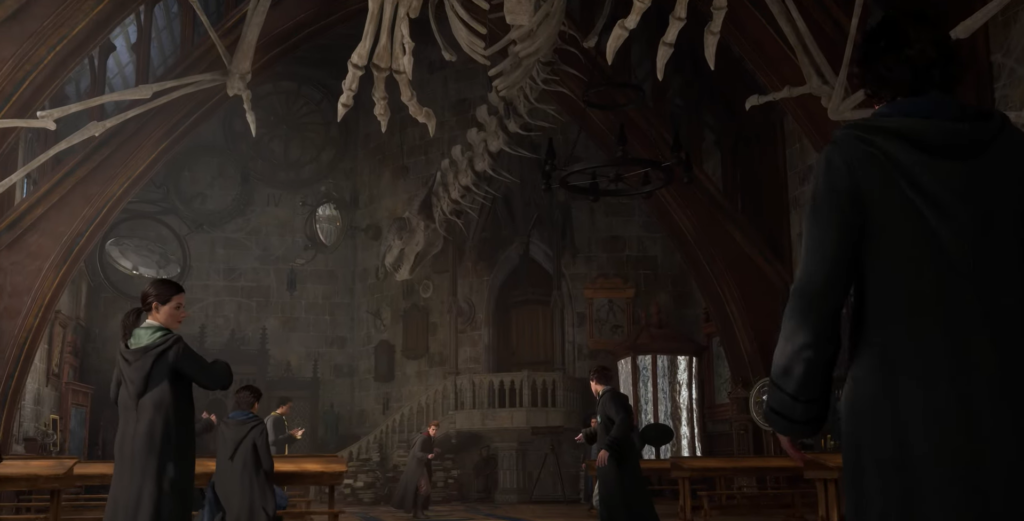 Students in Hogwarts classroom with skeleton.