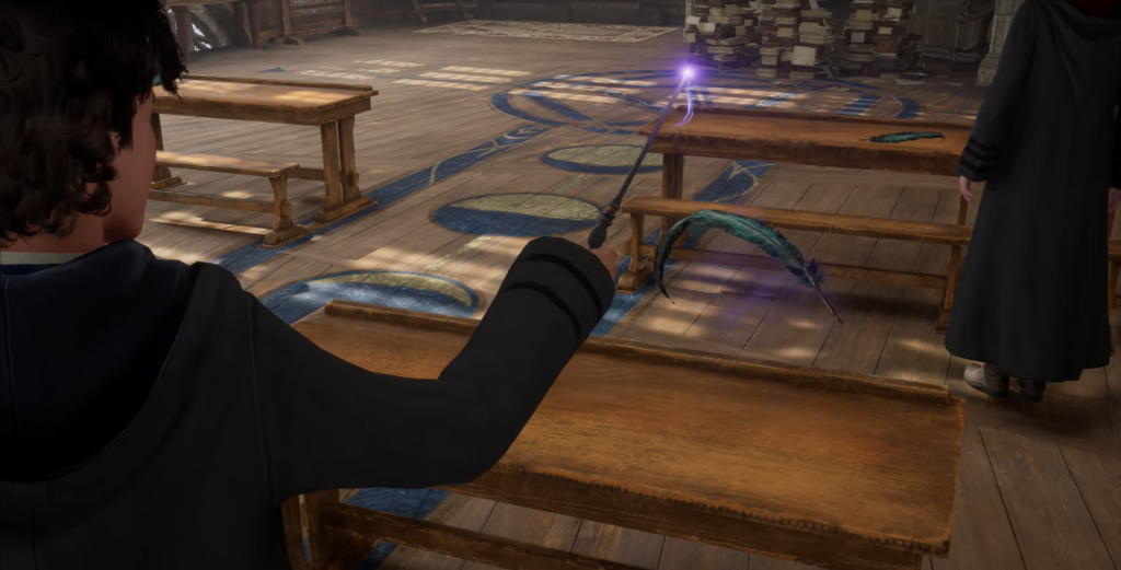 Boy casting spell with wand, classroom.