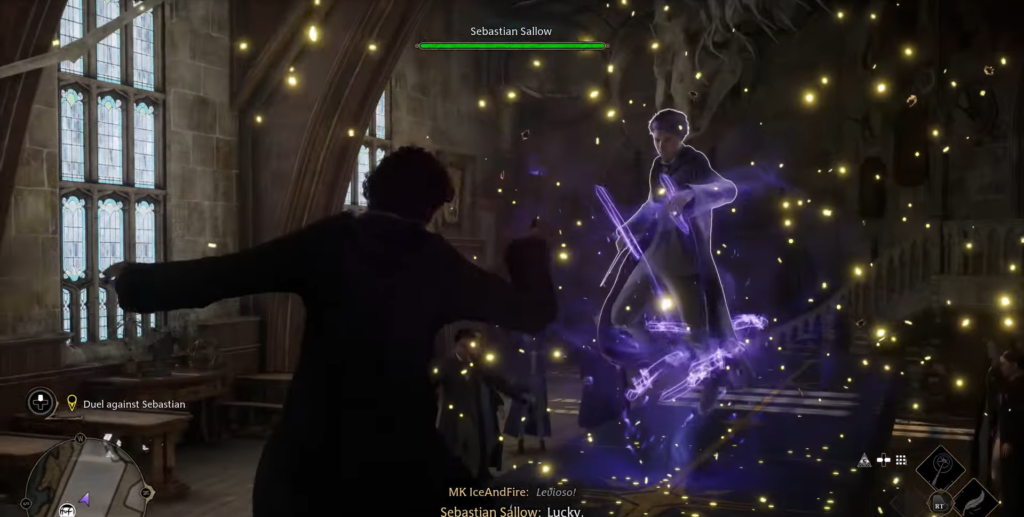 Dueling wizards casting spells in Hogwarts.