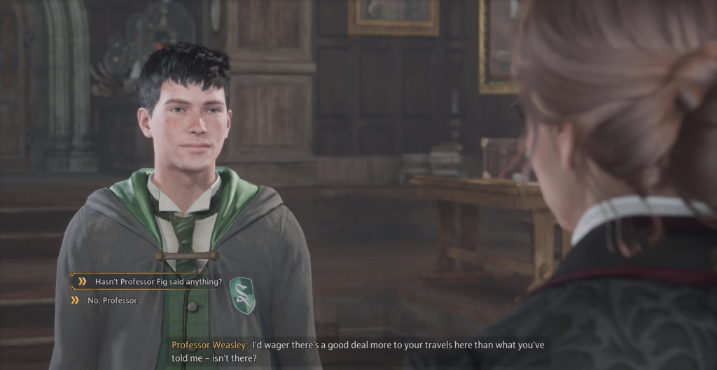 Hogwarts Legacy student talks to Professor Weasley indoors