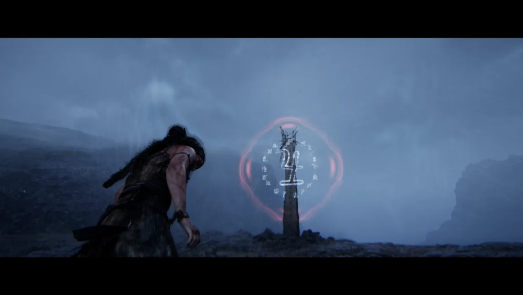 Senua approaches rune-marked pillar in foggy landscape