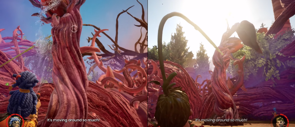 It Takes Two characters watching moving red vines outdoors