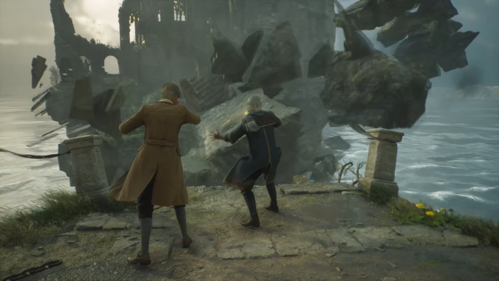 Two men casting spells at crumbling seaside ruins