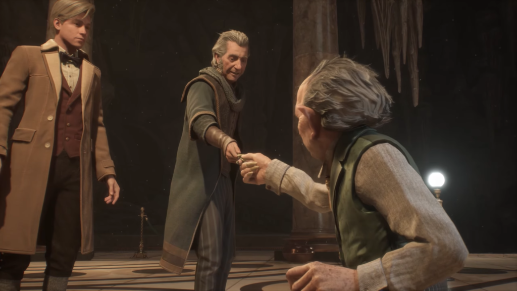 Hogwarts Legacy characters exchanging item in Hogwarts hall