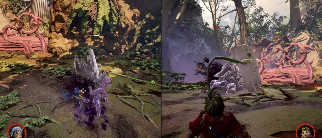 May and Cody fighting purple creature in forest arena