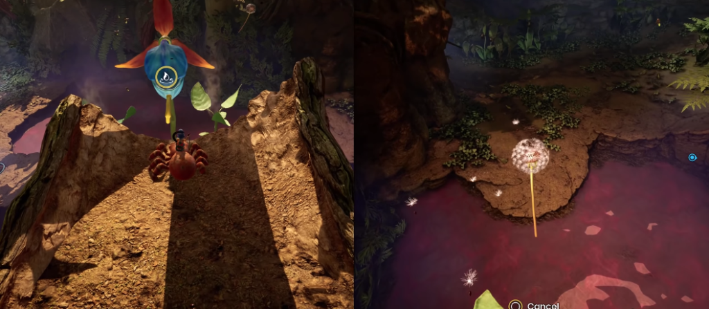 It Takes Two characters riding crab near purple water