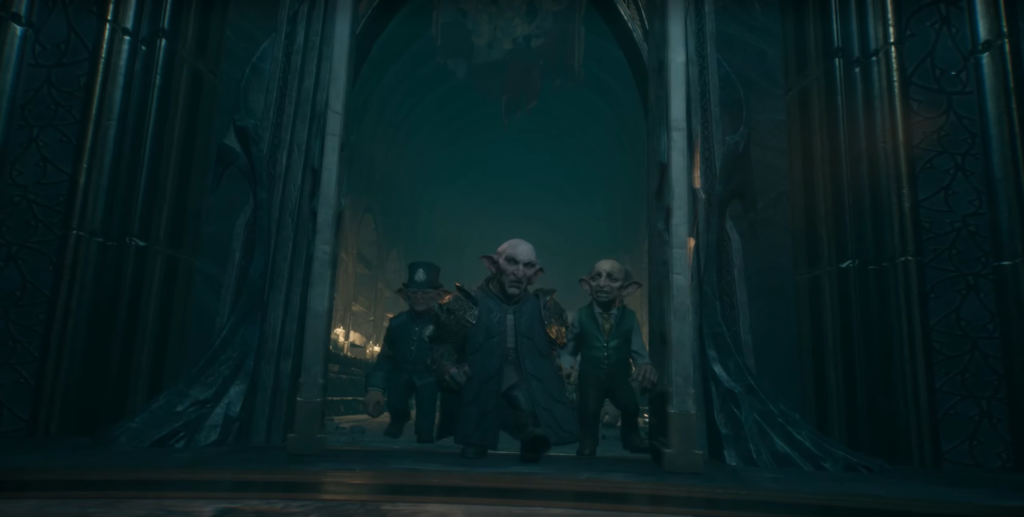 Three goblins walk through arched doorway in hall