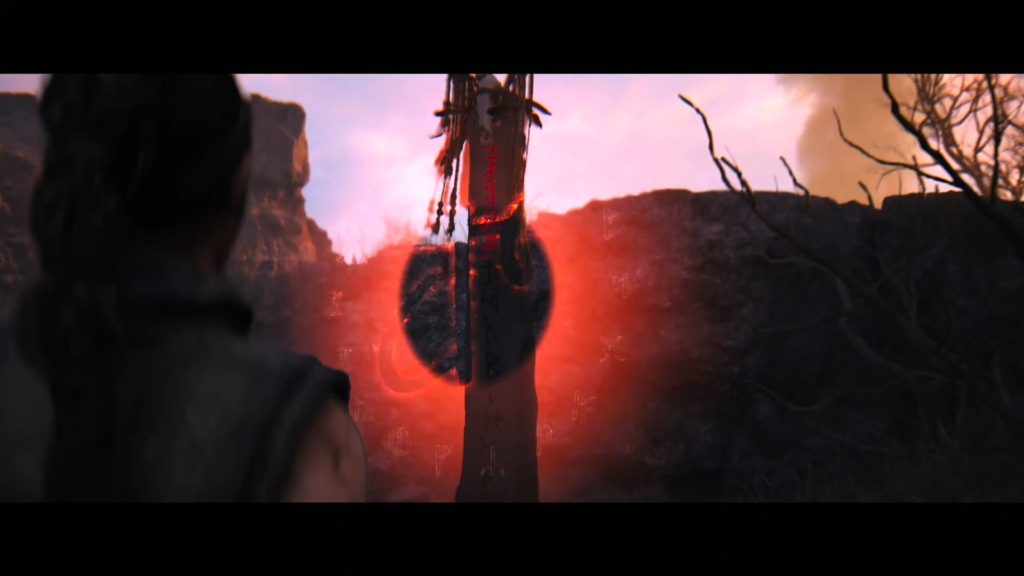 Woman watches red glowing rune totem in canyon