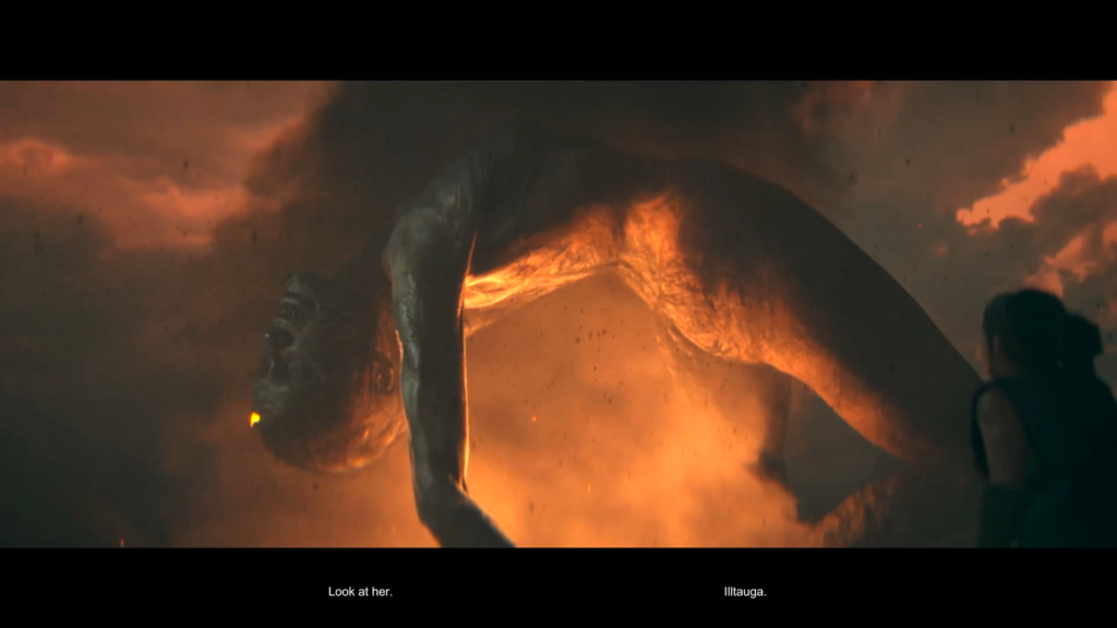 Giant creature looms over woman in fiery smoke